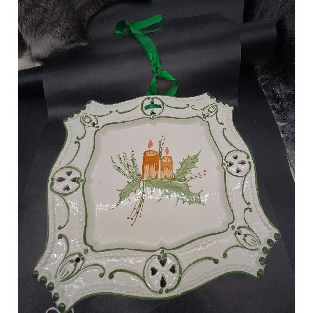 Vintage Hand Painted Ceramic Ceramic Christmas Candle Tray Wall Hanging 12 x 12